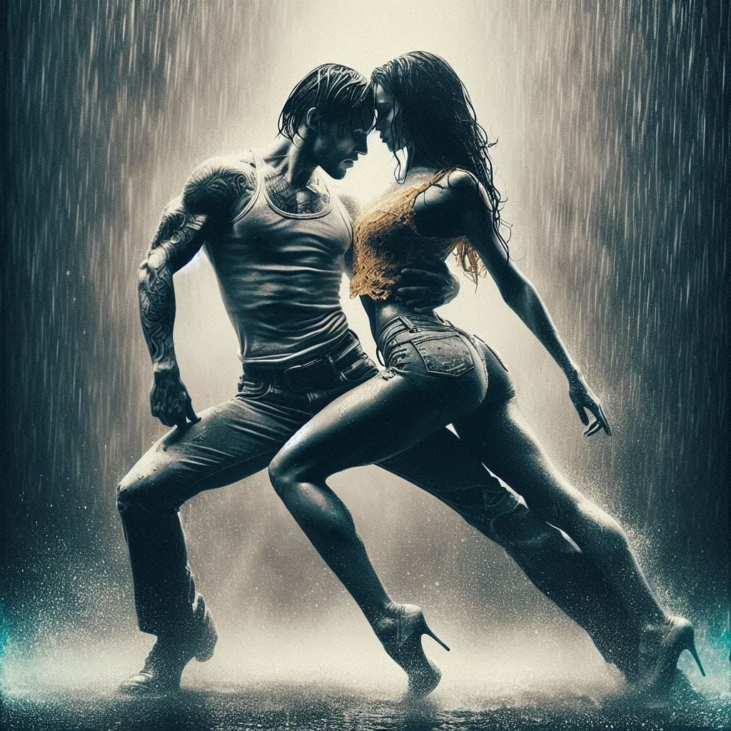 Boy and girl hot dancing in rain intricately detailed deep color minimalist airbrush art