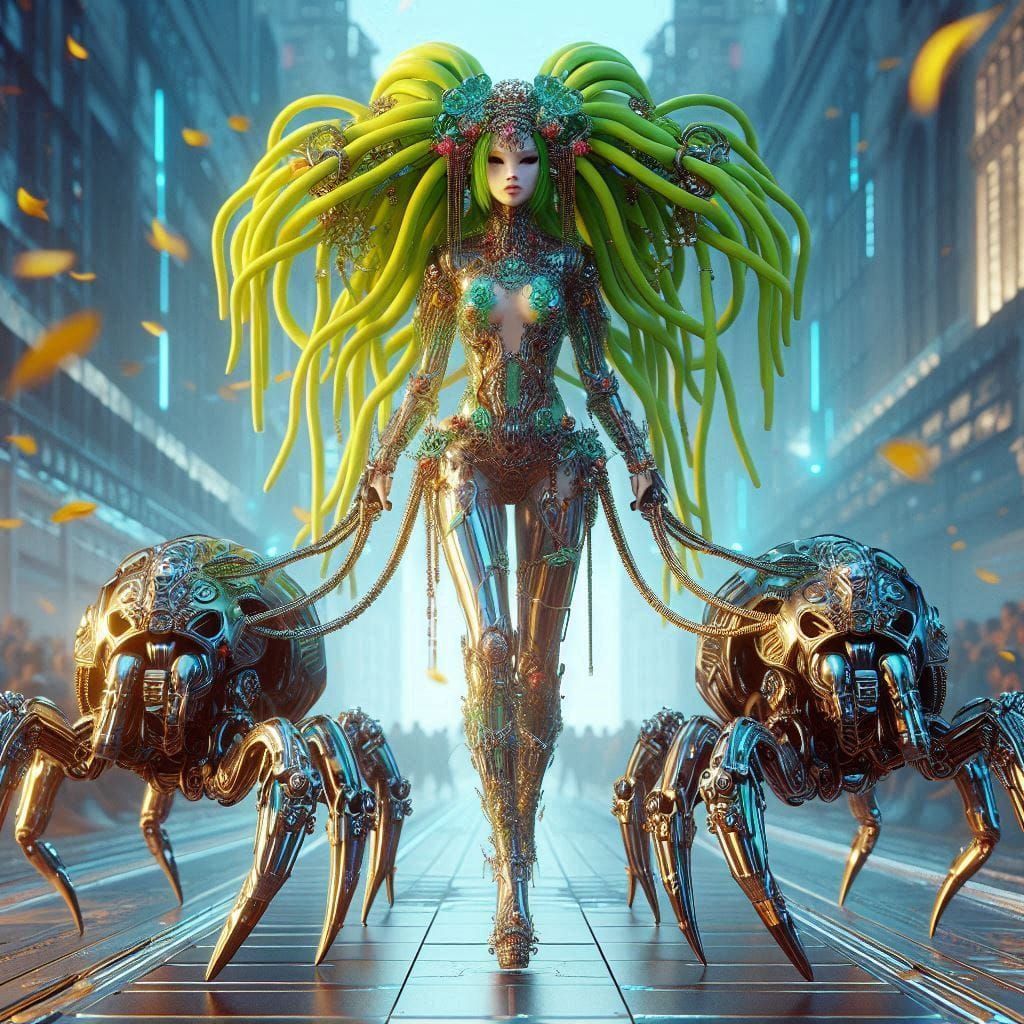 Asian beauty girl and two robots pencil sketch minimalist