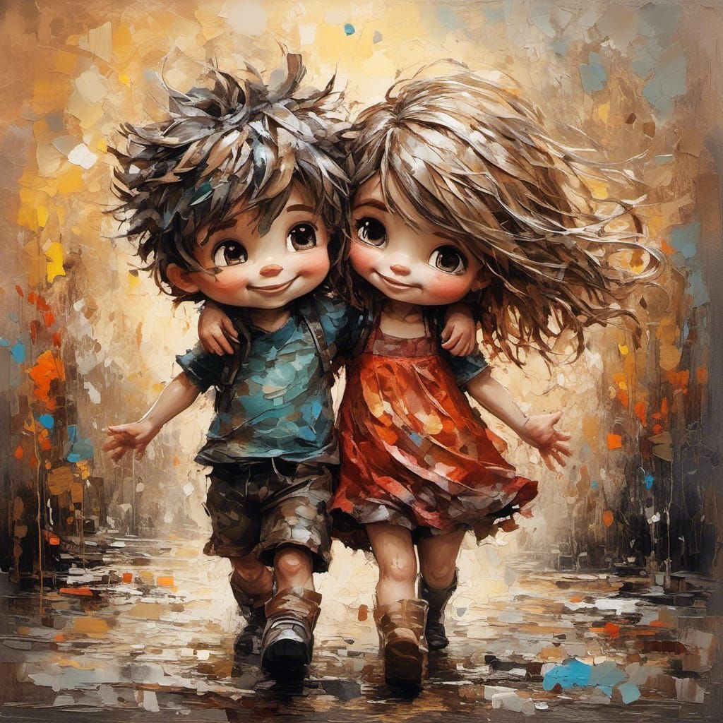 Boy and girl photoillustration poorly drawn hands deformed amateur bad anatomy blurred blurry body out of frame border cut off deformed fram...