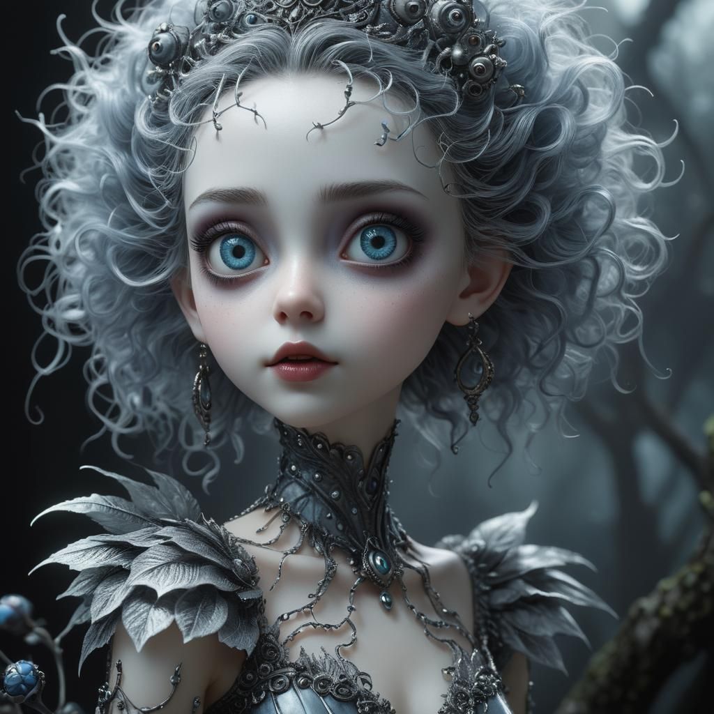 Smiling girl triadic colors Tim Burton Van Gogh Alphonse Mucha deep color 