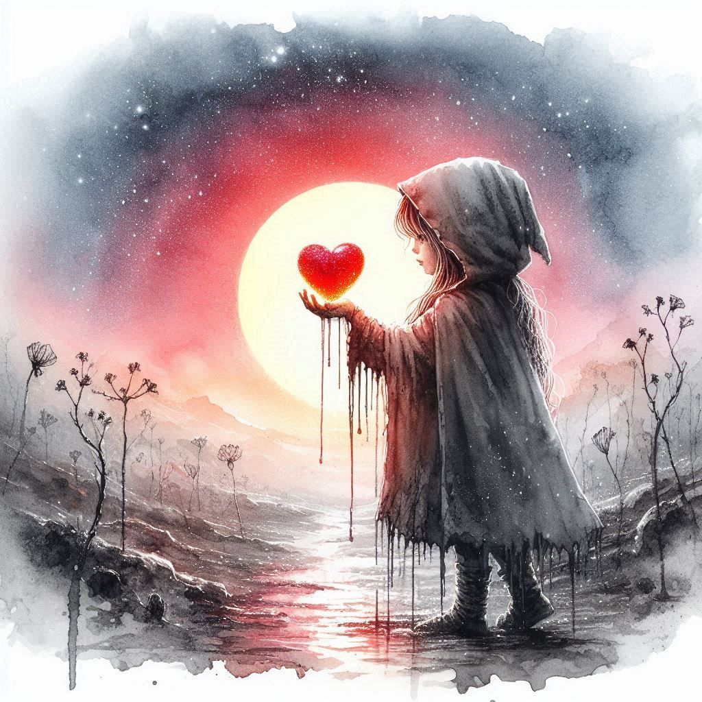 Cute girl real heart intricately detailed Zdzisław Beksiński deep color hyperrealism