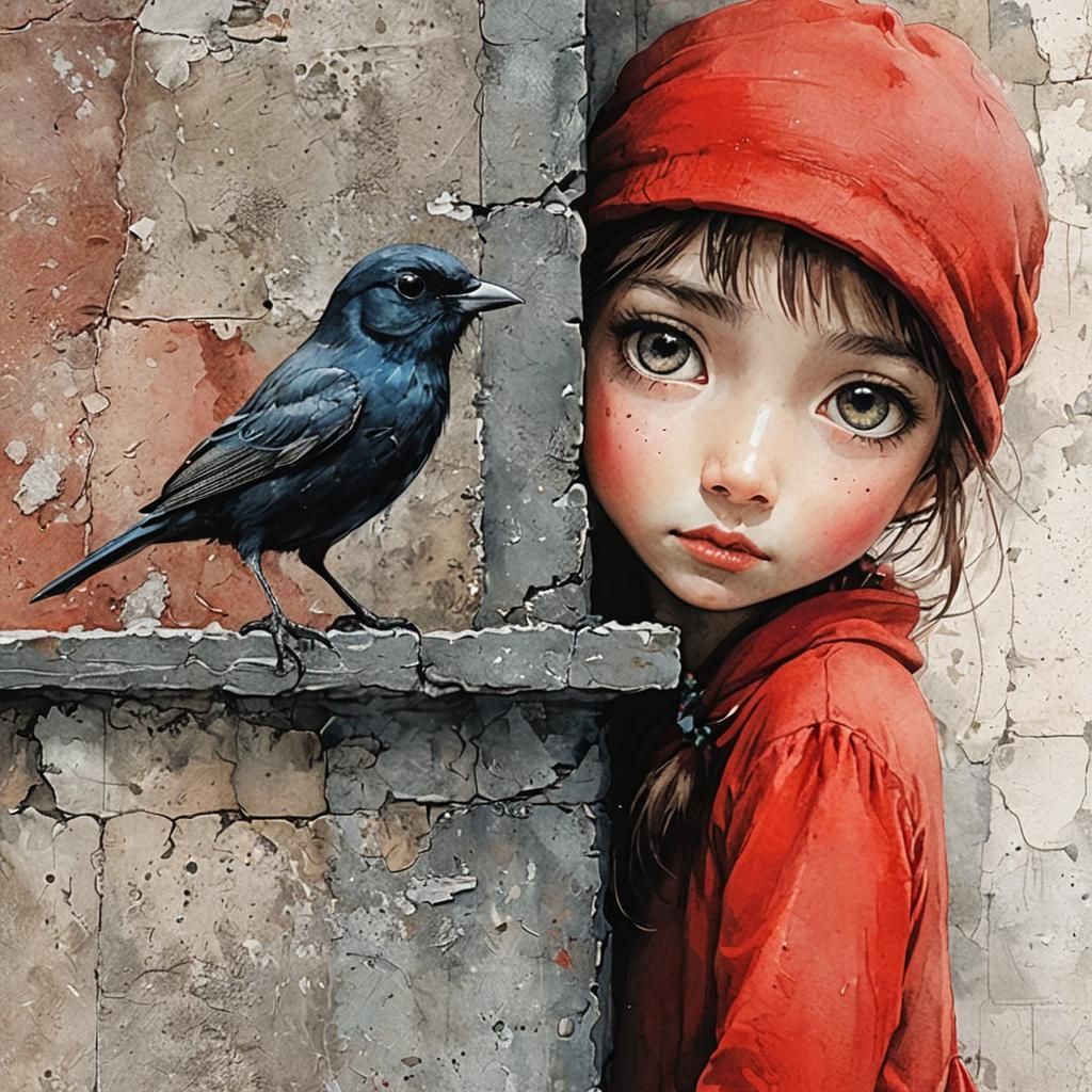 Frozen girl and yellow bird 8k resolution concept art color gradient expressionism