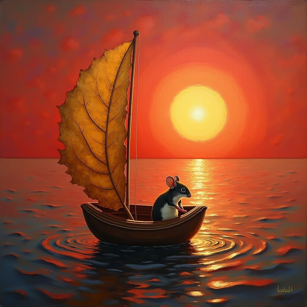 Mouse on boat on sea Tim Burton cool colors minimalism