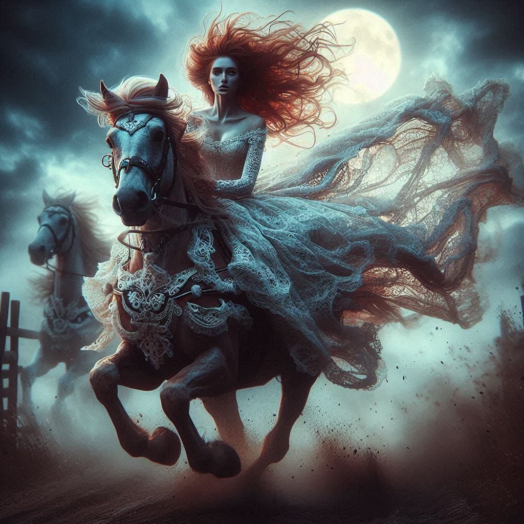 Smiling girl horse triadic colors Tim Burton Van Gogh Alphonse Mucha deep color 