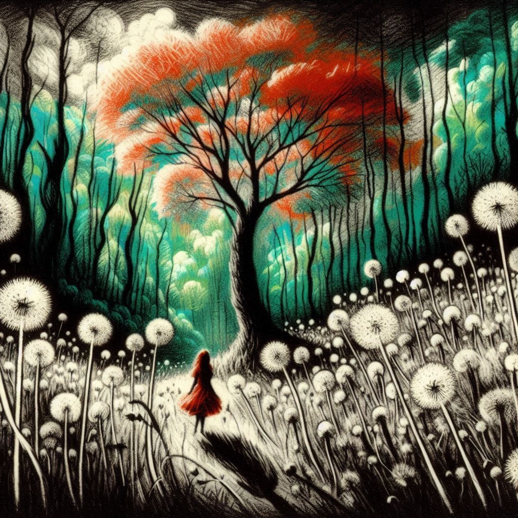 Visualize a surreal childlike landscape, containing large dandelions and a red fairy, drawing inspiration from early photographic techniques...