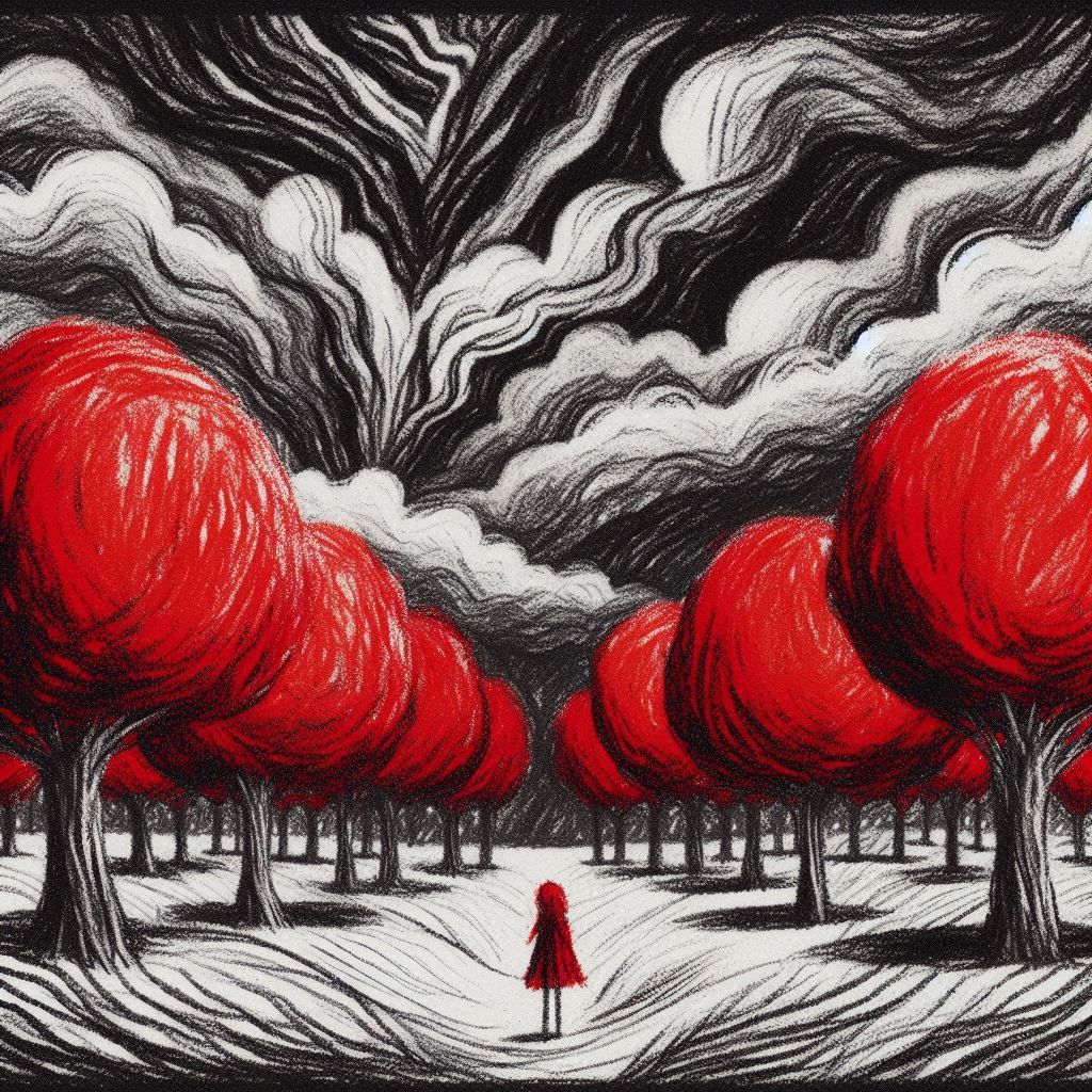 a colossal, pitch-black figure with an otherworldly aura looms, painted with bold, expressive brushstrokes and matte black paint, its presen...