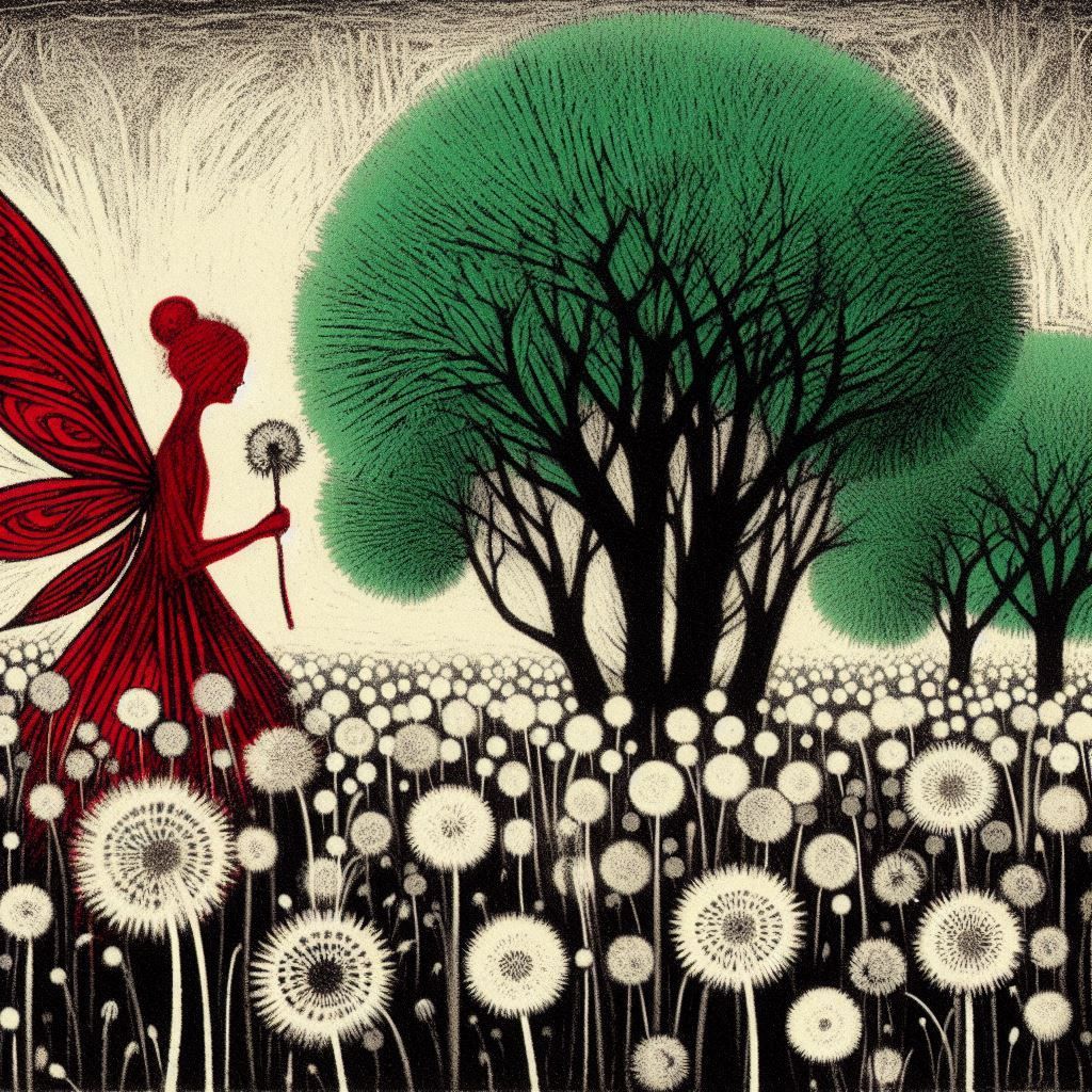 Visualize a surreal childlike landscape, containing large dandelions and a red fairy, drawing inspiration from early photographic techniques...
