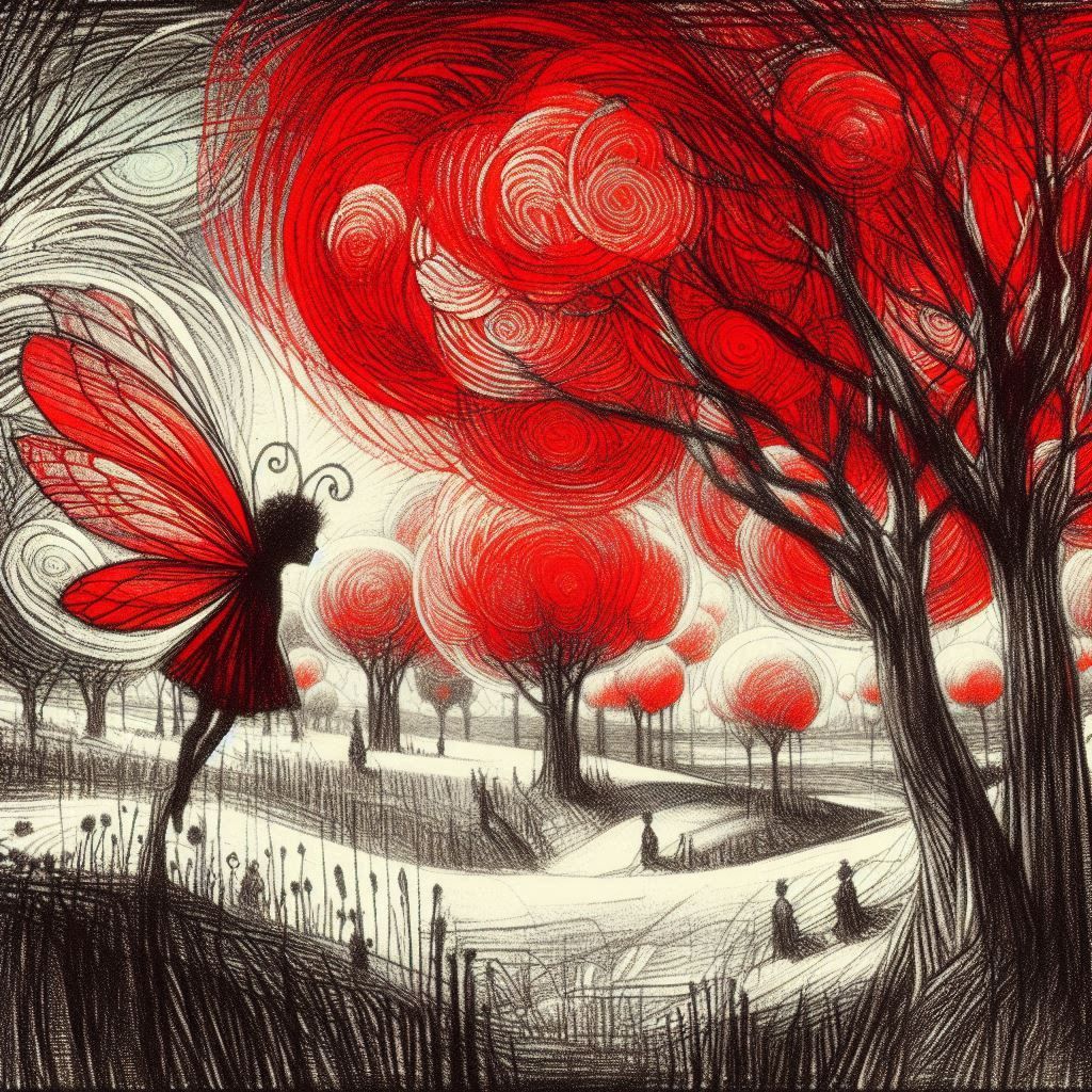 Visualize a surreal childlike landscape, containing large dandelions and a red fairy, drawing inspiration from early photographic techniques...