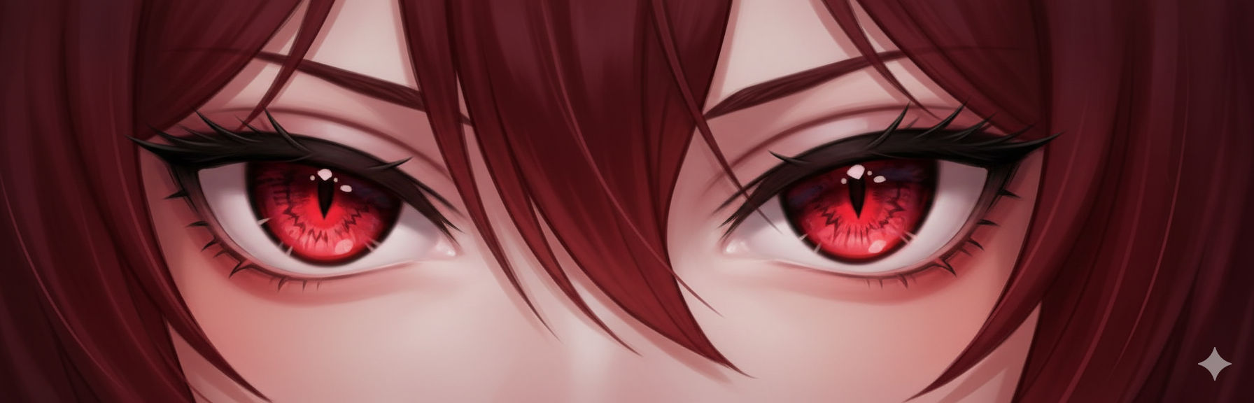 Pretty red devil eyes, intensely glowing crimson slit pupils, hyper-detailed anime style, fierce and hypnotic gaze
