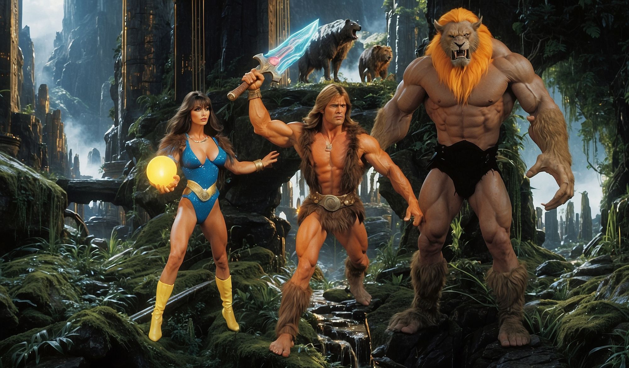 Thundarr the barbarian, Ookla the Mok, and a sorceress prinicis in a dynamic action pose, life like, highly detailed and generated, muscles,...