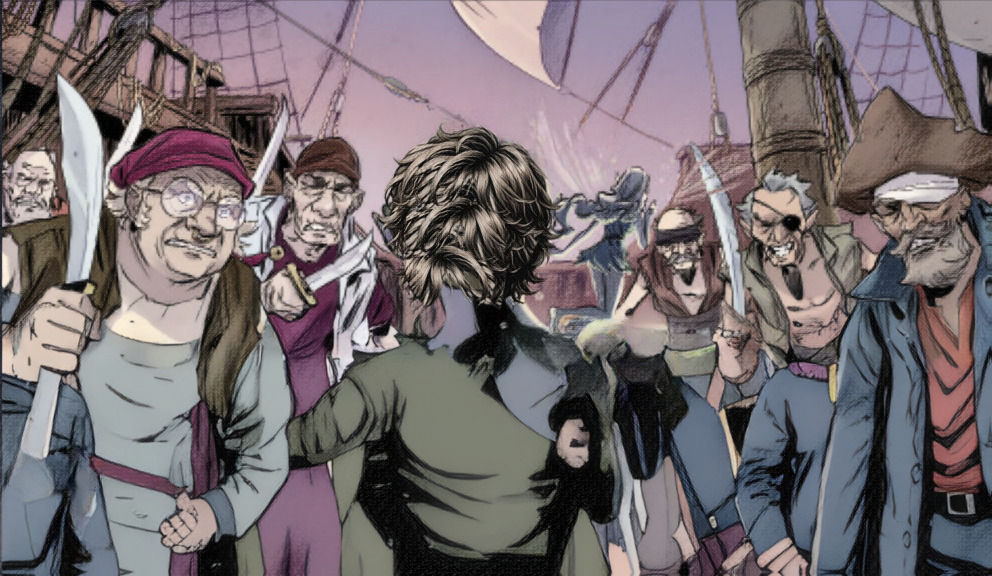 
Peter Pan "back to the viewer."   faces doom a group of pirates . Moody, mysterious atmosphere. intense lines and shading. bold shading, hi...