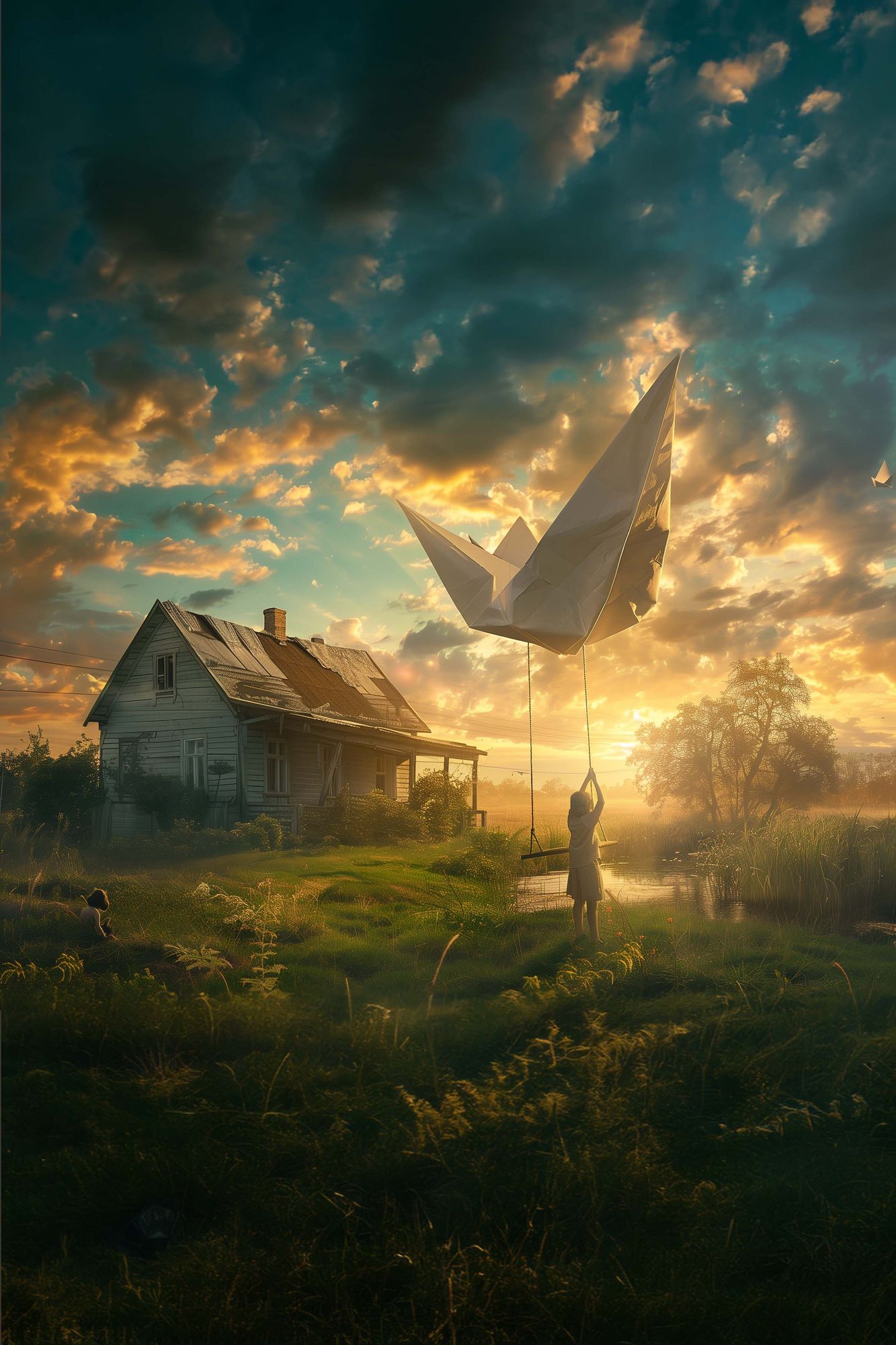 surreal landscape at sunset with an apocalyptic atmosphere. There is a giant paper ship in the foreground, with people standing around it an...