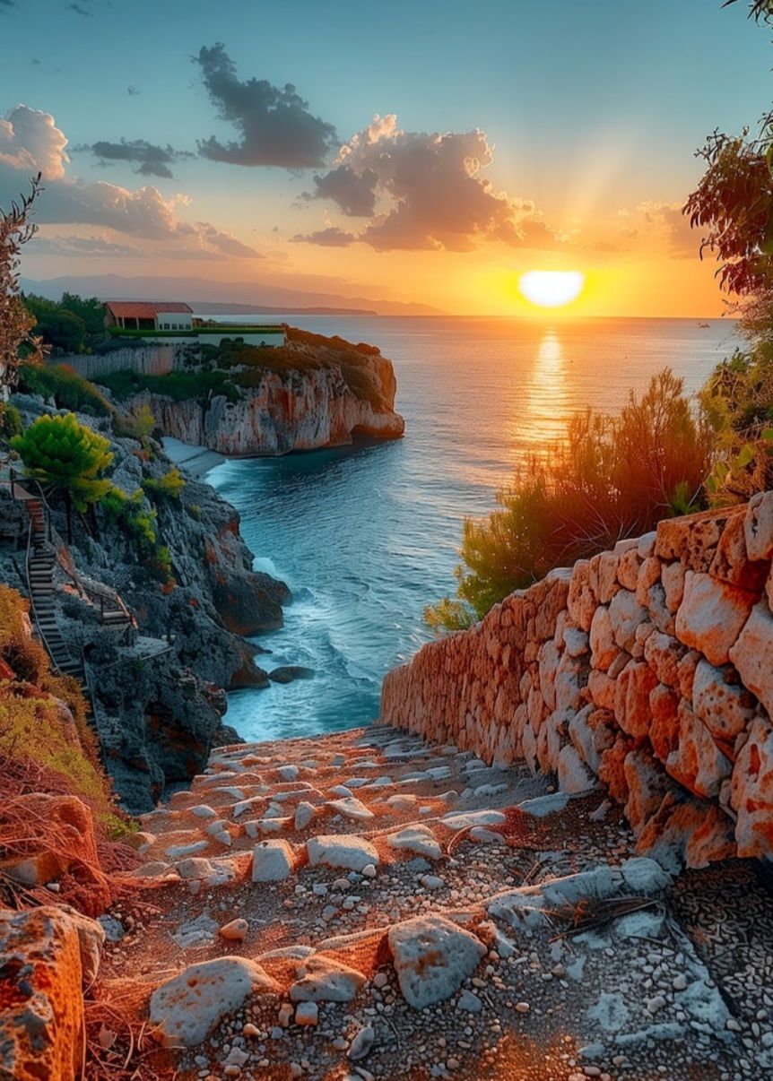 *Prompt (English):*  
"A deeply atmospheric autumn coastal landscape at sunset. Ancient stone steps, weathered and uneven, descend dramatica...