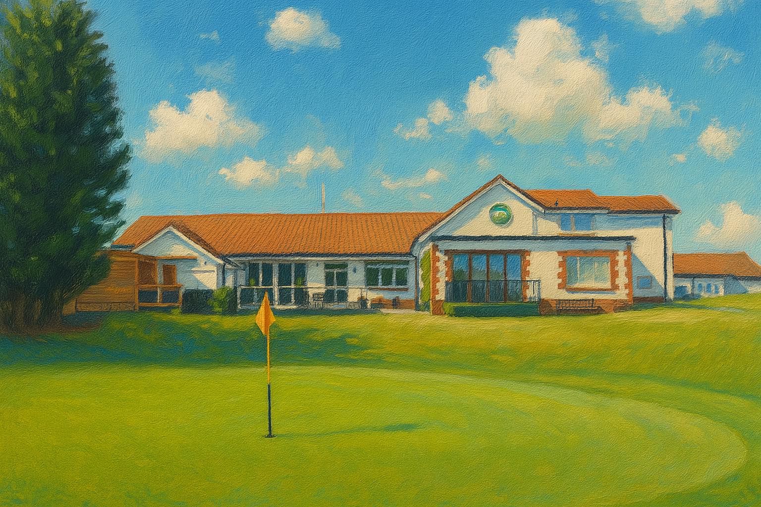 an artistic scene of an old fashioned lady golfer playing golf. The image is portrait mode and colours includ green hues, light brown and cr...