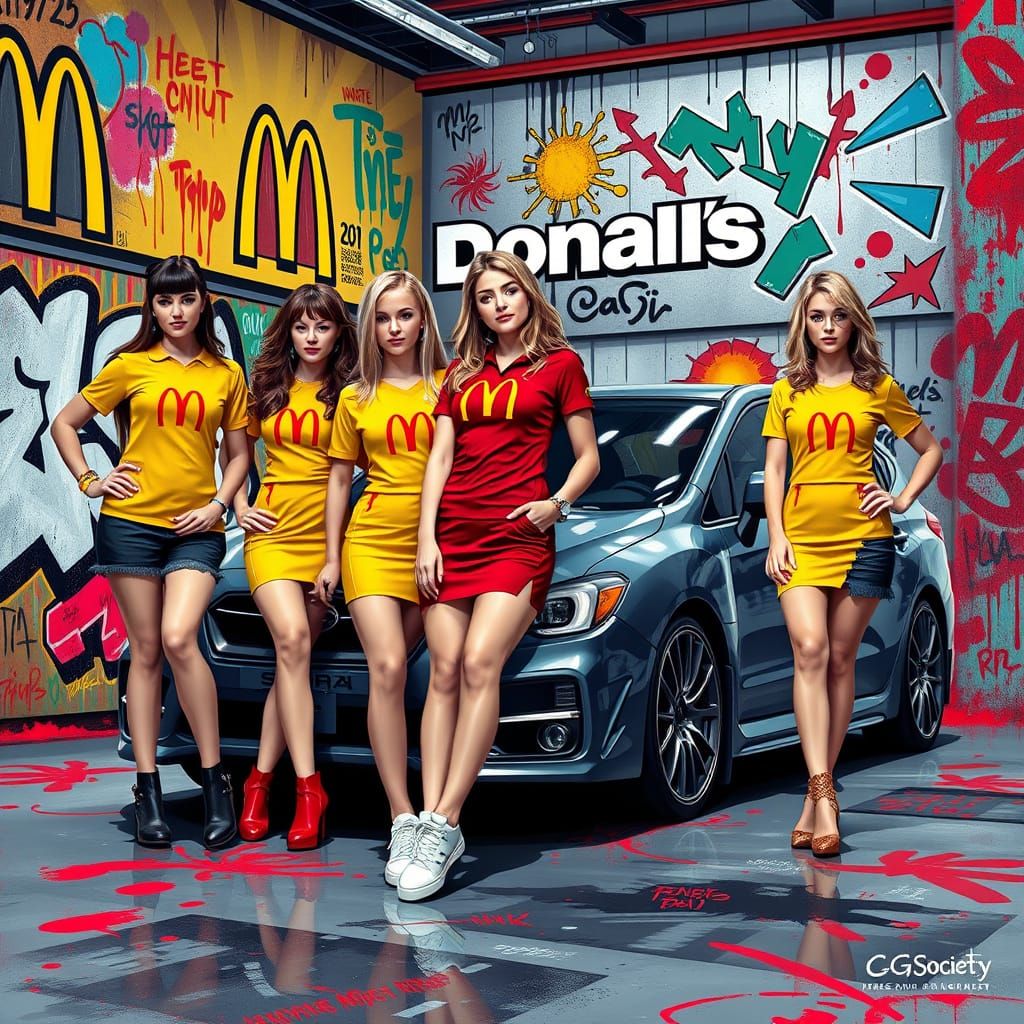 Create playboy models at McDonald's with a 2013 Subaru WRX Impreza dark grey