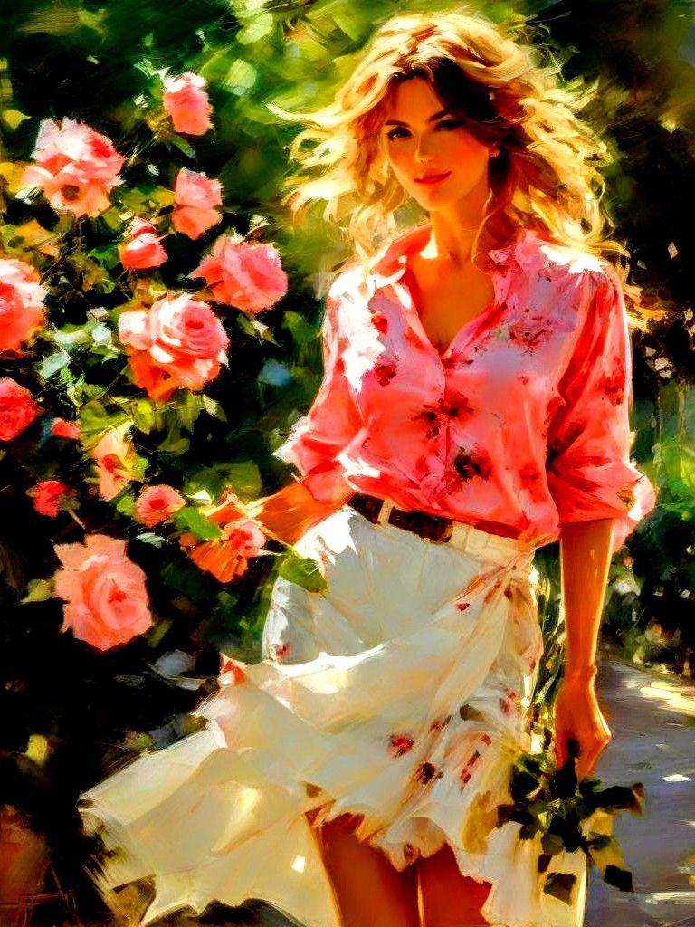 Full length portrait, (wide open eyes,) painterly style, expressionism, rough strokes, visible brushstrokes, blushing, instinct, vibrant col...