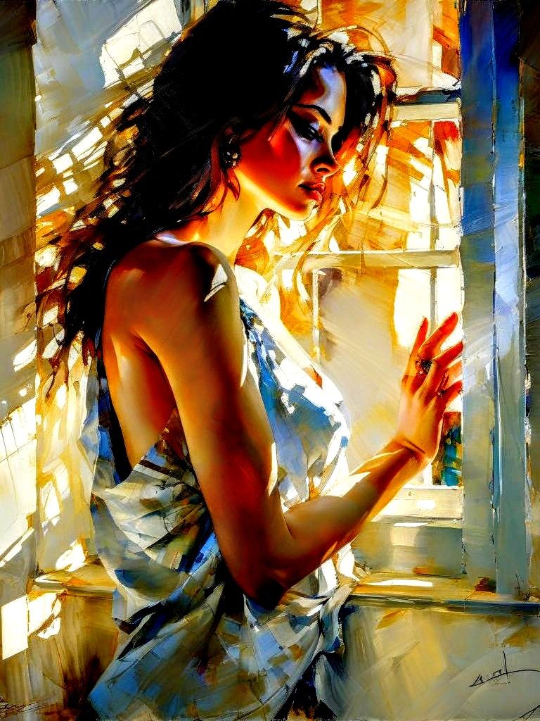 Full length portrait, (wide open eyes,) painterly style, expressionism, rough strokes, visible brushstrokes, blushing, instinct, vibrant col...