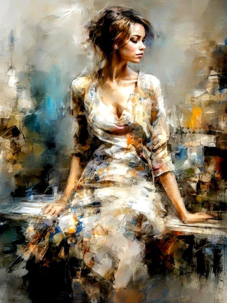 Full length portrait, (wide open eyes,) painterly style, expressionism, rough strokes, visible brushstrokes, blushing, instinct, vibrant col...