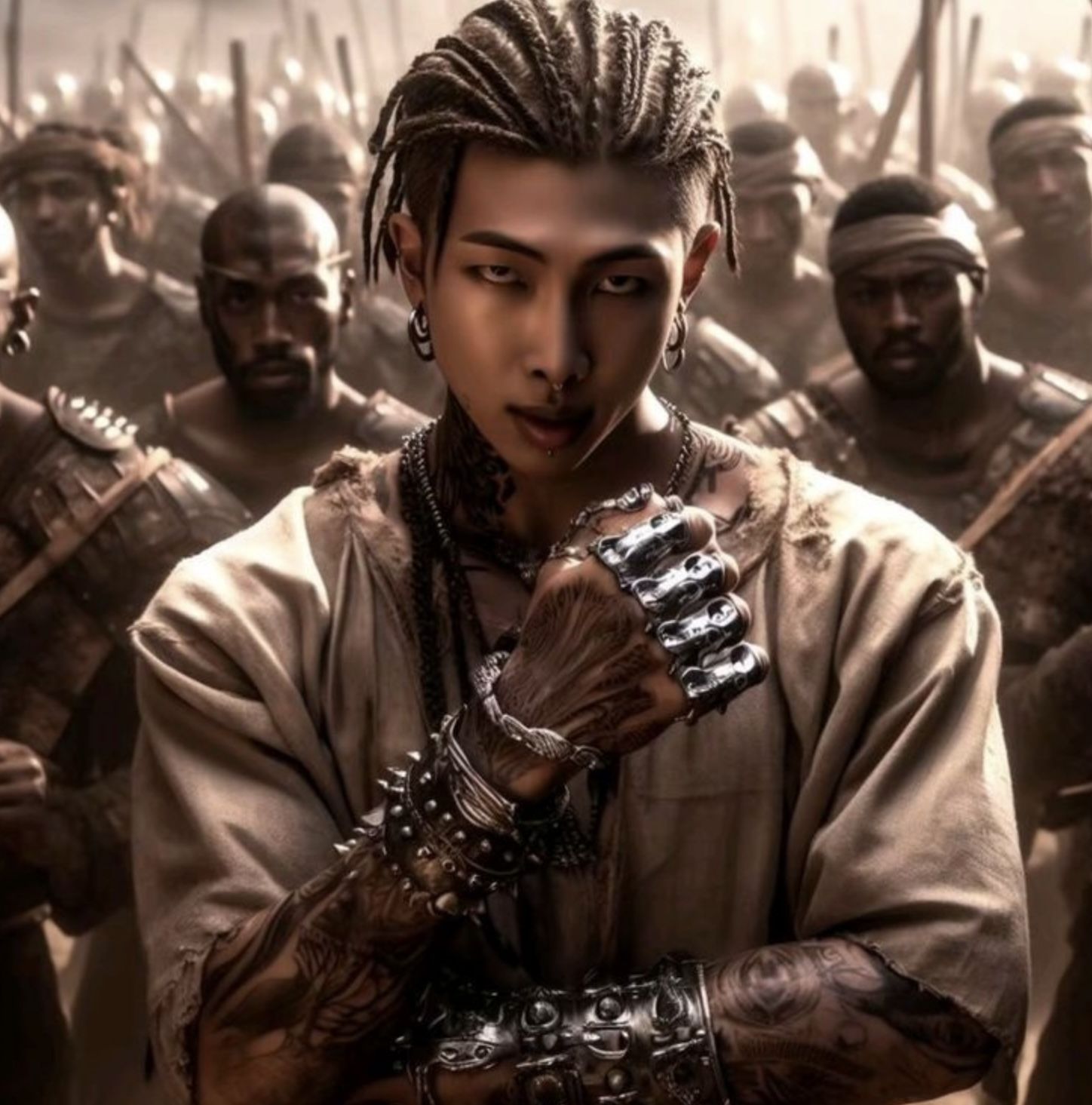 Handsome young Pirate cultivator with long hair full of braids and beads as well as feathers that is extremely powerfully fearsome 