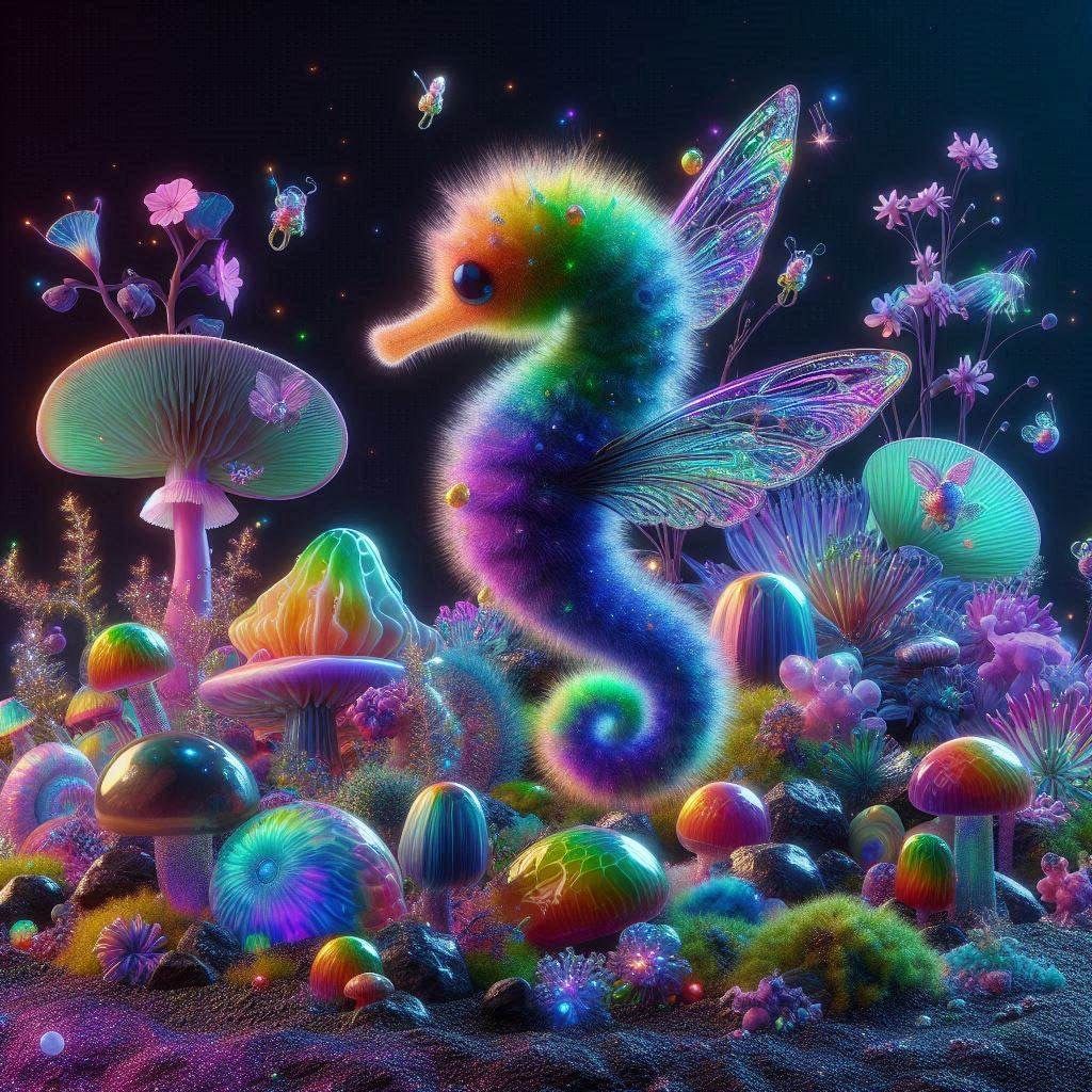 A small, mysterious, glowing, inch-long, neon rainbow, iridescent, almost translucent Teeny tiny rainbow metallic iridescent fuzzy fluffy fu...