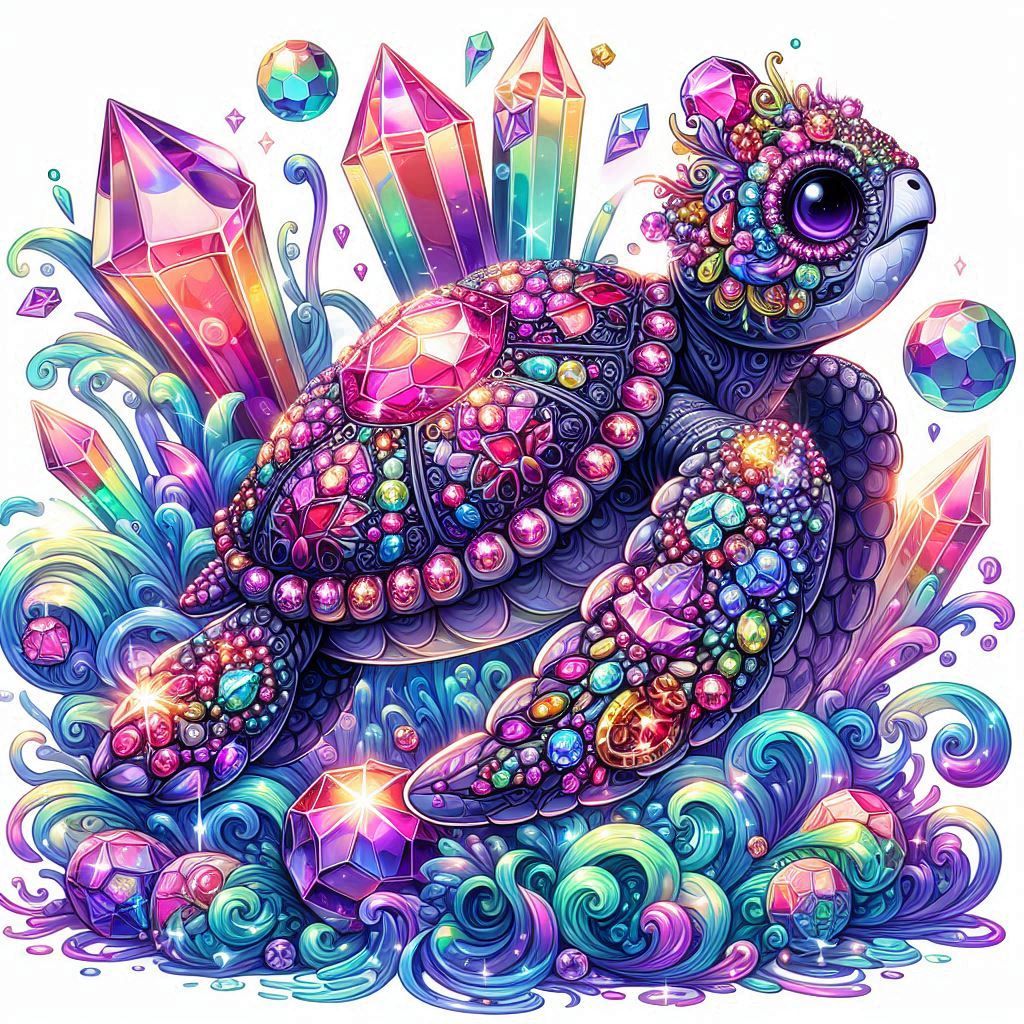A whimsical goth crystal gemstone sea turtle & baby sea turtles adorned with intricate, colorful details, presented in a vibrant cutecore ae...