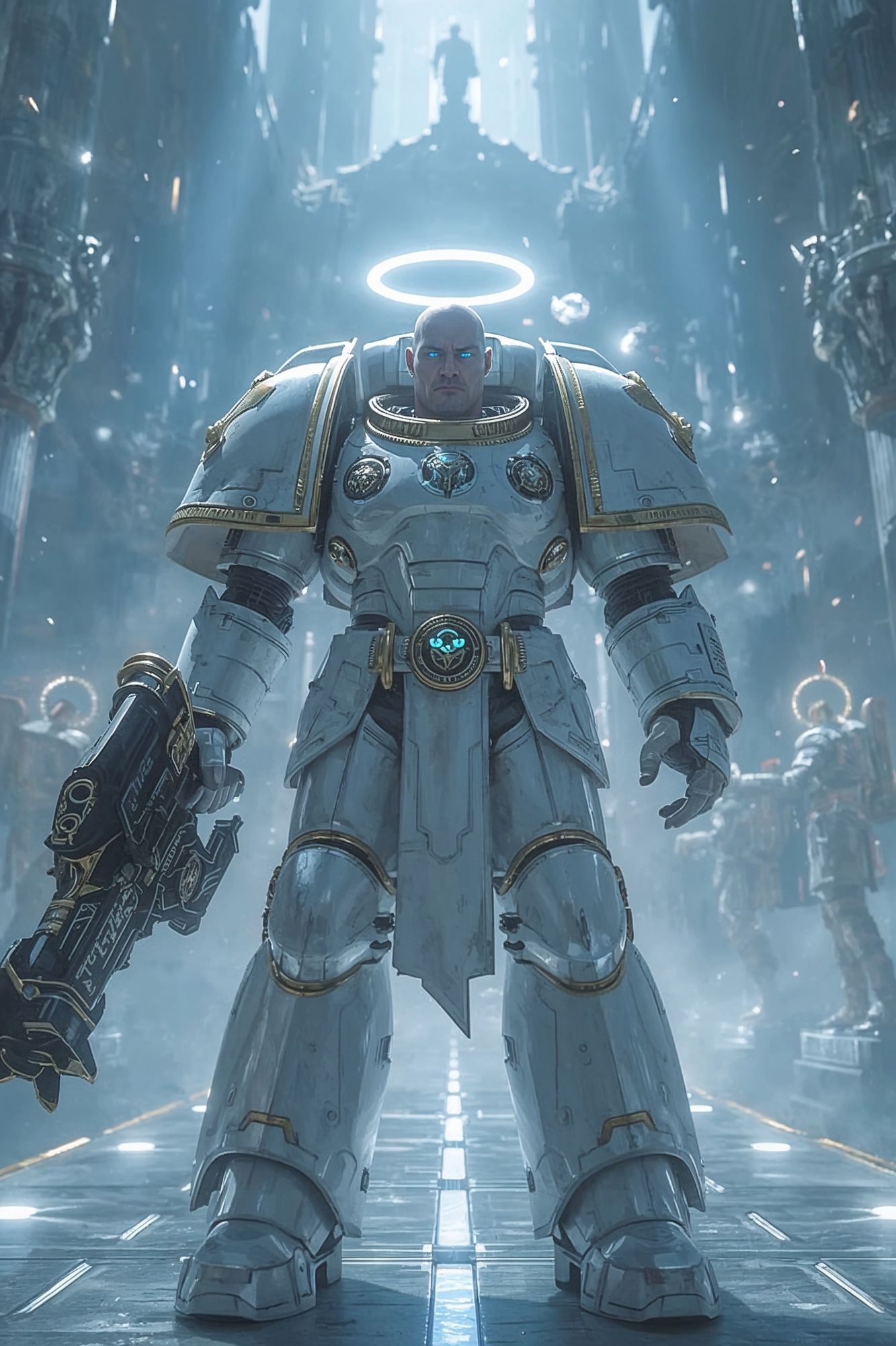 A colossal Primarch of Aureum Spire stands upon the radiant marble bridge above the golden clouds of Elysium. His monumental armor — the Aeg...
