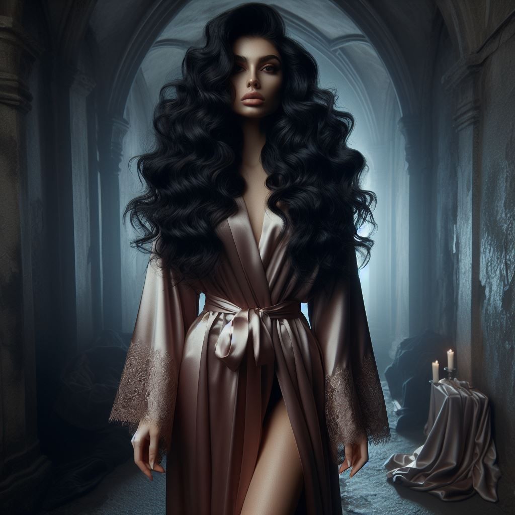 an elderly lady with pale purple shoulder-length hair a golden tanned skin, deep set eyes with smoky eye shadow dressed in a black corset an...