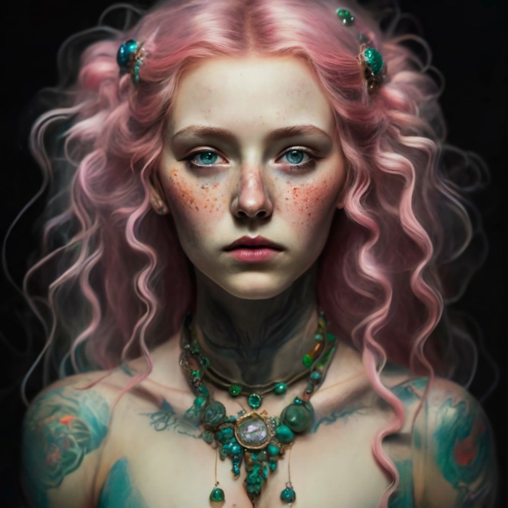 an elderly lady with pale purple shoulder-length hair, golden tanned skin, deep set eyes with smoky eye shadow dressed in a black corset and...