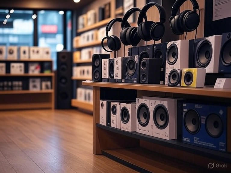 generate a futuristic image in 900x900px for my wordpress website for the category audio visual store