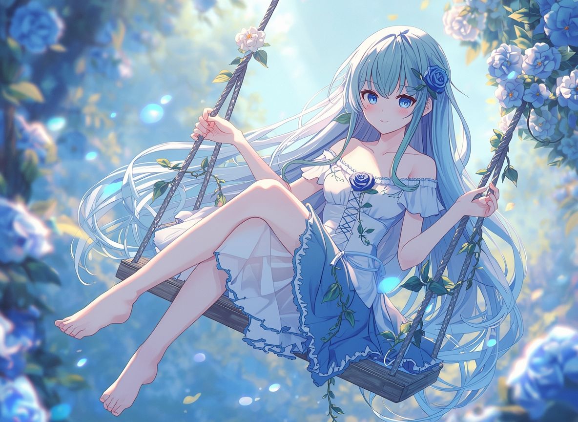 动漫风格，清新治愈，色彩柔和明亮：一个18岁蓝头发的女性光着脚坐在木制秋千上，双手拿着绳子，脸颊微微泛红，面带微笑。她穿着一件蓝色洛丽塔连衣裙，肩带上装饰着蓝色玫瑰和绿叶，蕾丝下摆和飘逸的裙子。她的蓝色头发飘动着，裙子随着轻轻的摆动而摆动。...
