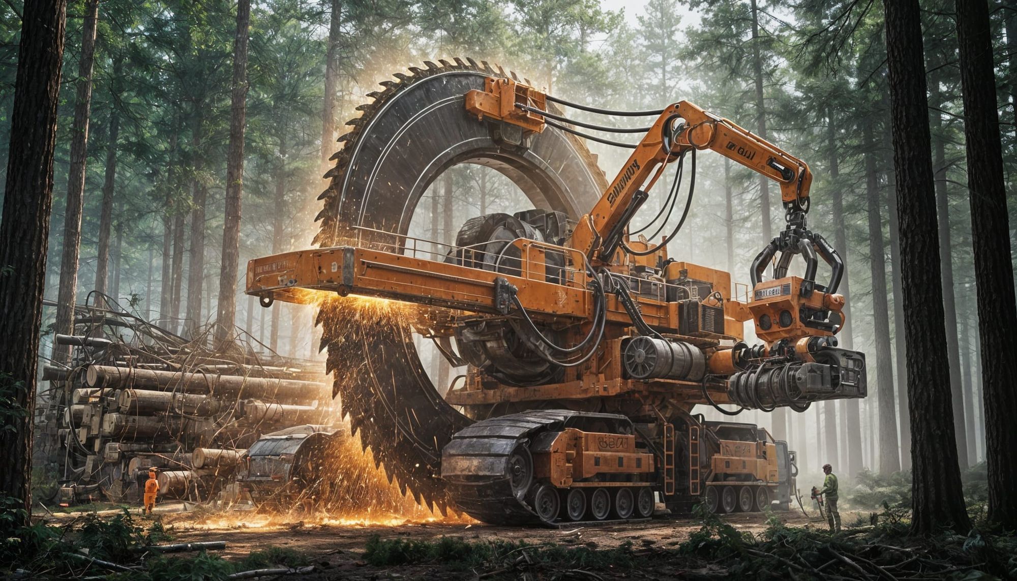 the giant machine is in the middle of cutting down a giant tree in the forest. Keep it realistic.
