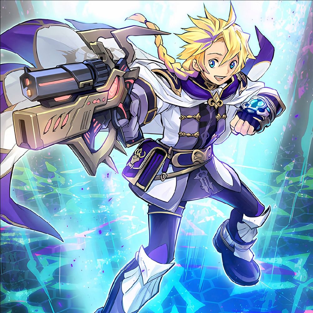 A ten-year-old anime girl with white hair and blue eyes. wears a white and purple outfit, and is holding a futuristic weapon. 