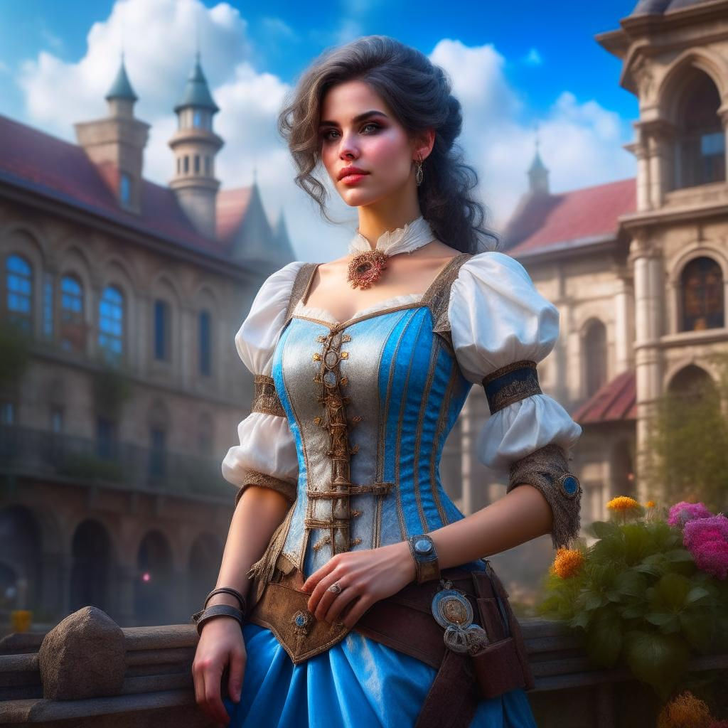 Young Women in a Steampunk dress in a Mystic fantasy world, Plaza, Old Tree, Moonlight, old fence, Wooden Cabin, Blood Moon, Head and Should...