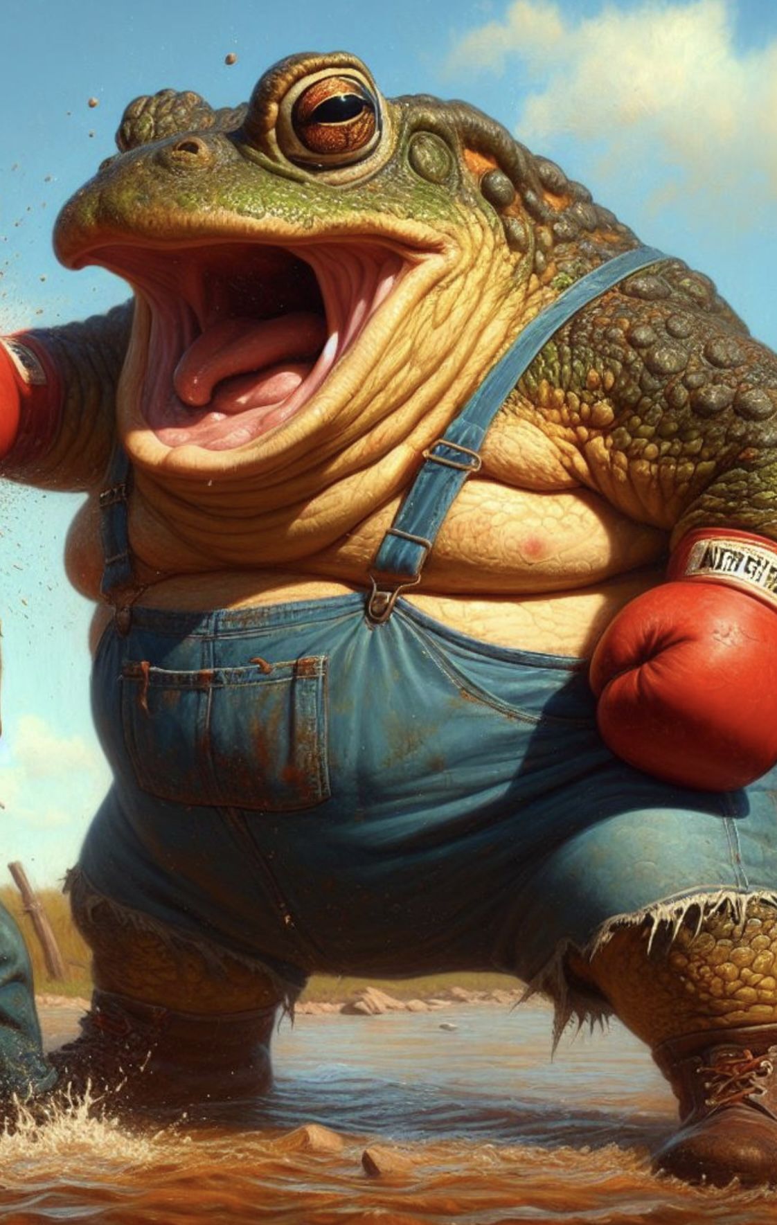 giant ugly fat anthropomorphic toad in overalls and wearing boxing gloves