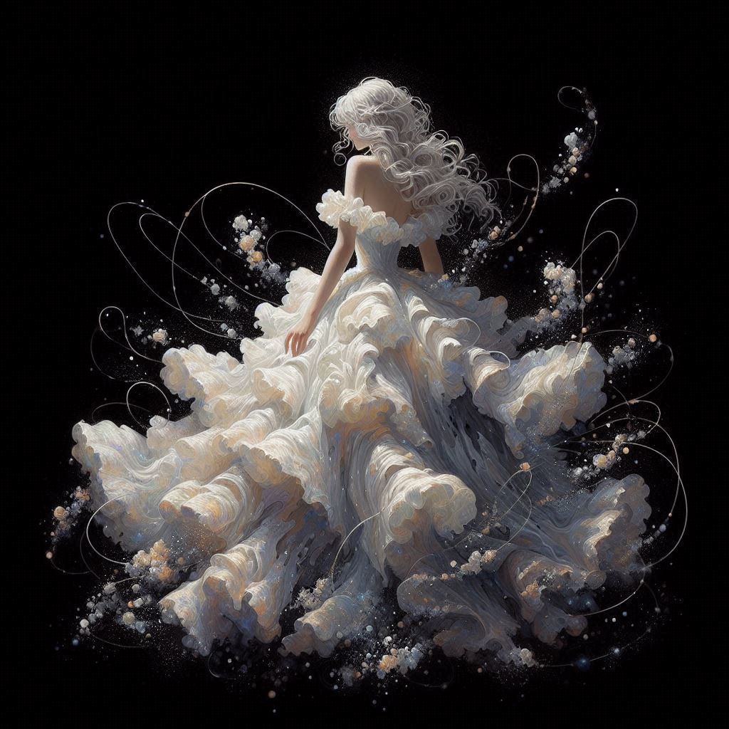 うなさか///12/31西め67b. The lady in glowing ball gown, adjusting hair, dainty glitchy pixelation hints on forefront.vivid prism.impressionistic o...