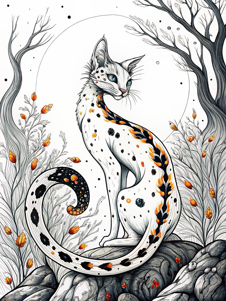 A whimsical cat with flowing, serpentine body, perched on a tree branch in an enchanted forest. The cat's fur is a vibrant mix of colors, re...
