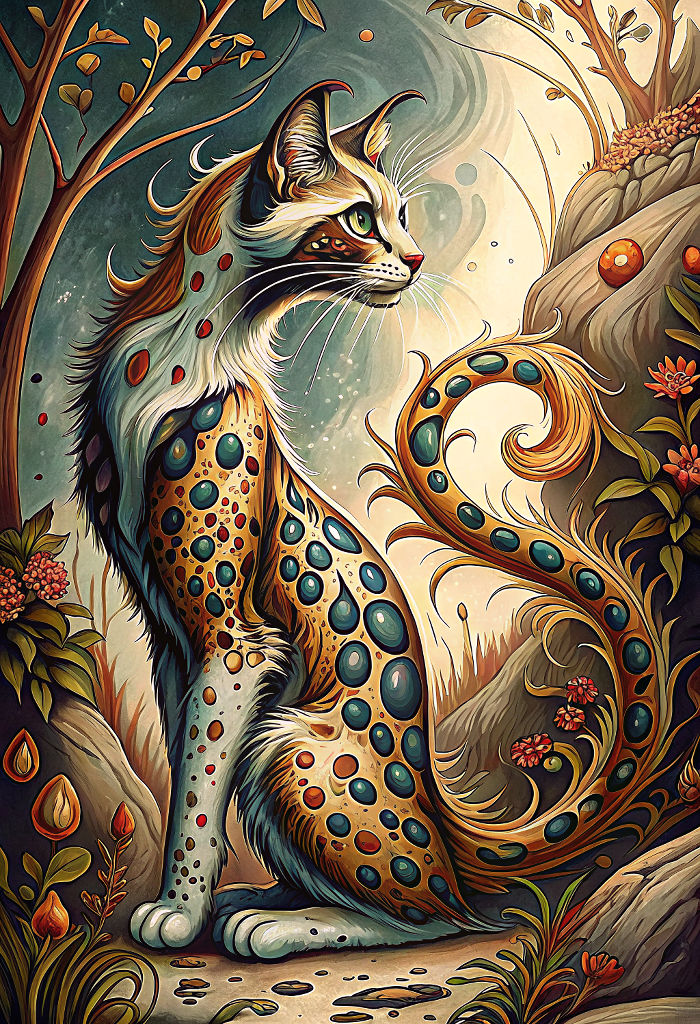 A whimsical cat with flowing, serpentine body, perched on a tree branch in an enchanted forest. The cat's fur is a vibrant mix of colors, re...