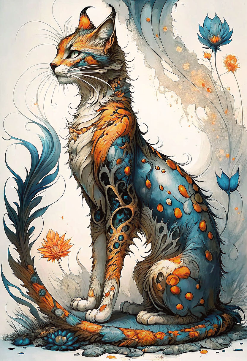 A whimsical cat with flowing, serpentine body, perched on a tree branch in an enchanted forest. The cat's fur is a vibrant mix of colors, re...