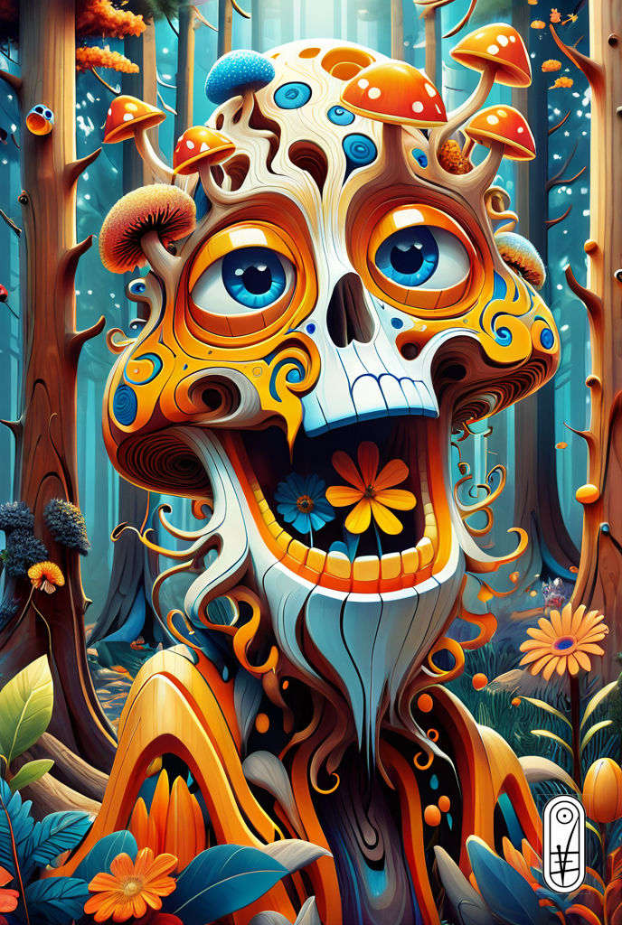 Love Forest, wood, flowers, rocks in the woods, (a mix of orange, black, white, blue, red), magic, mystical, popart, illustration, surreal a...