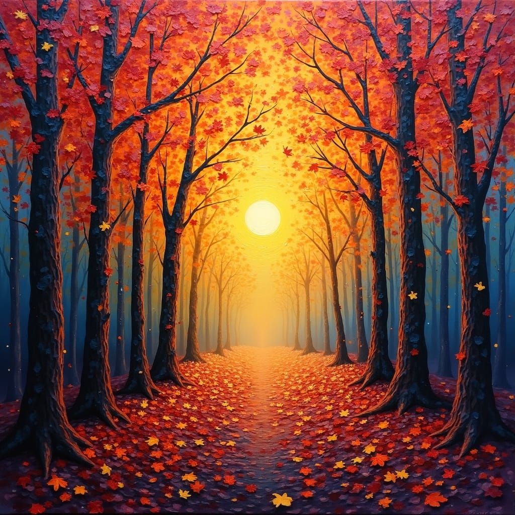 Autumn scene glowing with leaves falling gently from the trees
