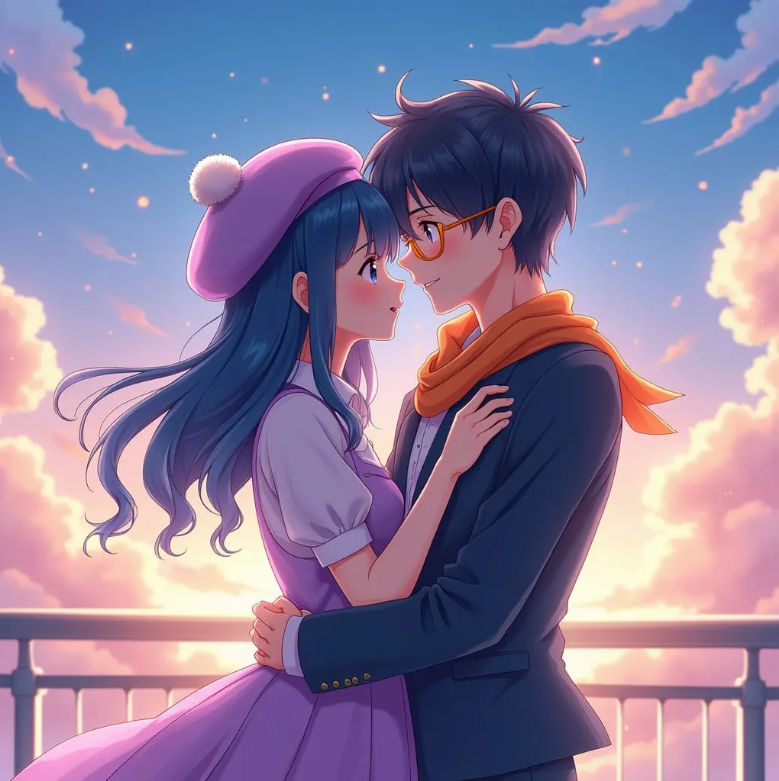 masterpiece, very high detail, HD quality, 1male and 1 girl, late at night time with the moon and stars light glowing behind them showing th...