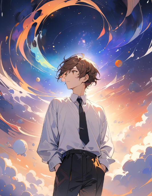 male focus, 20s, boy, medium shot,  black tie and pants, colorful, watercolor painting, best quality, masterpiece