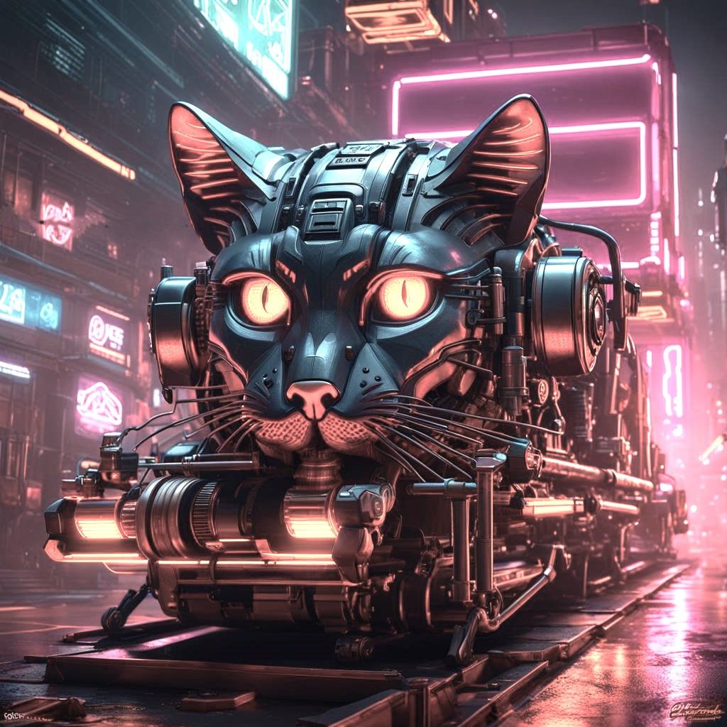 cat, neon retro cyberpunk, 2049 neon steampunk engine 3D Game Cinematic Feel, Intricately Detailed, 8K Resolution, Dynamic Lighting, Unreal...