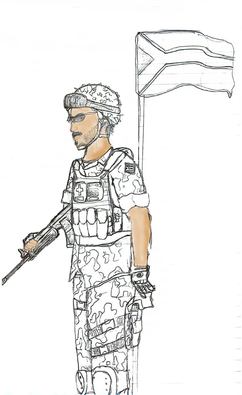 South African soldier in front of a flag{ from sketch