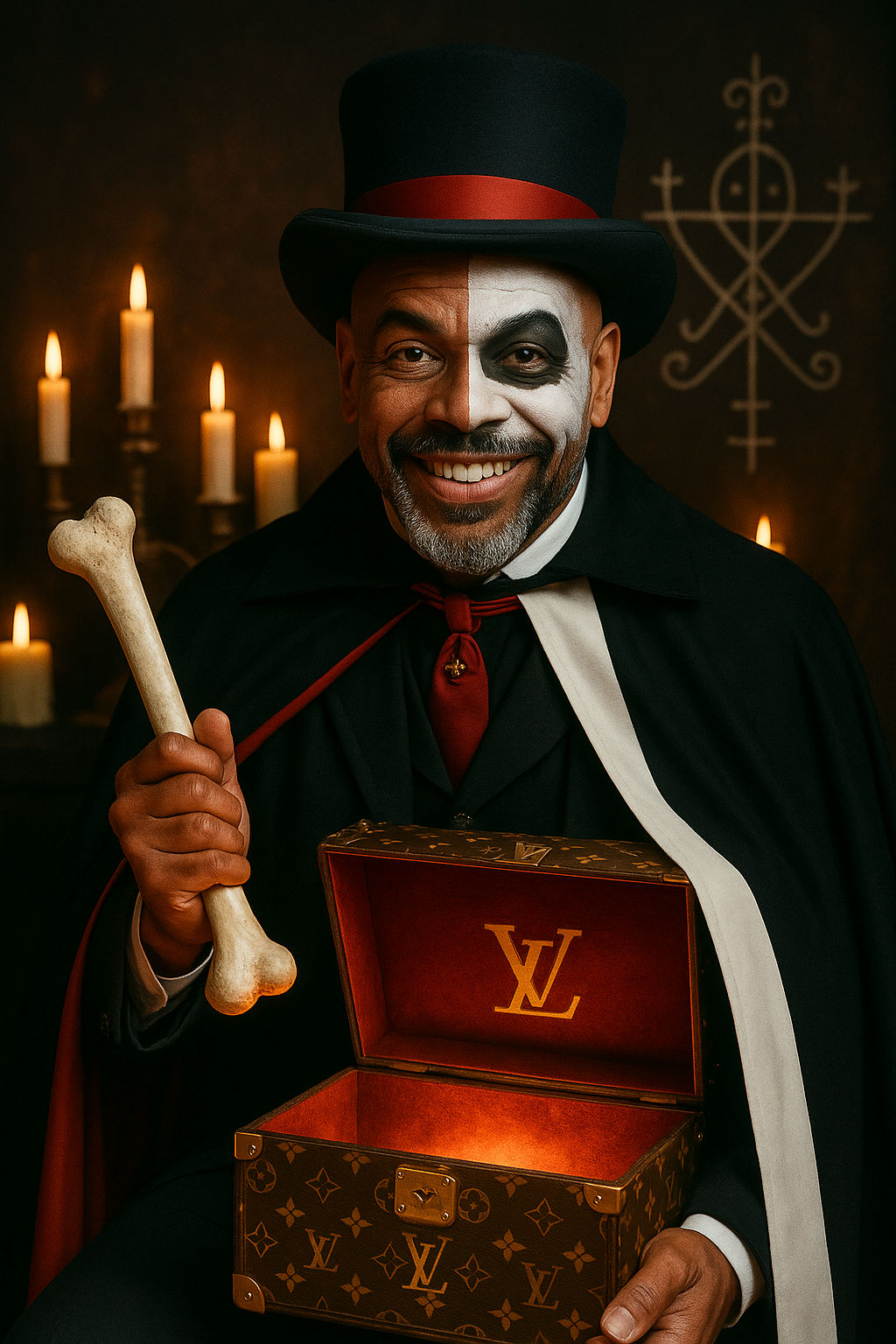 Keep the identity of the attached face exactly. Baron Bobo as a voodoo dandy in a vertically split black/white suit (WHITE side must match a...