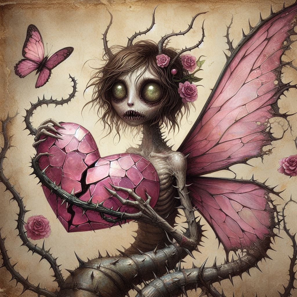 Creepy butterfly fairy dragon holding a broken glass pink heart wrapped in thorns, painted on aged vignette paper, in the style of Mark Ryde...