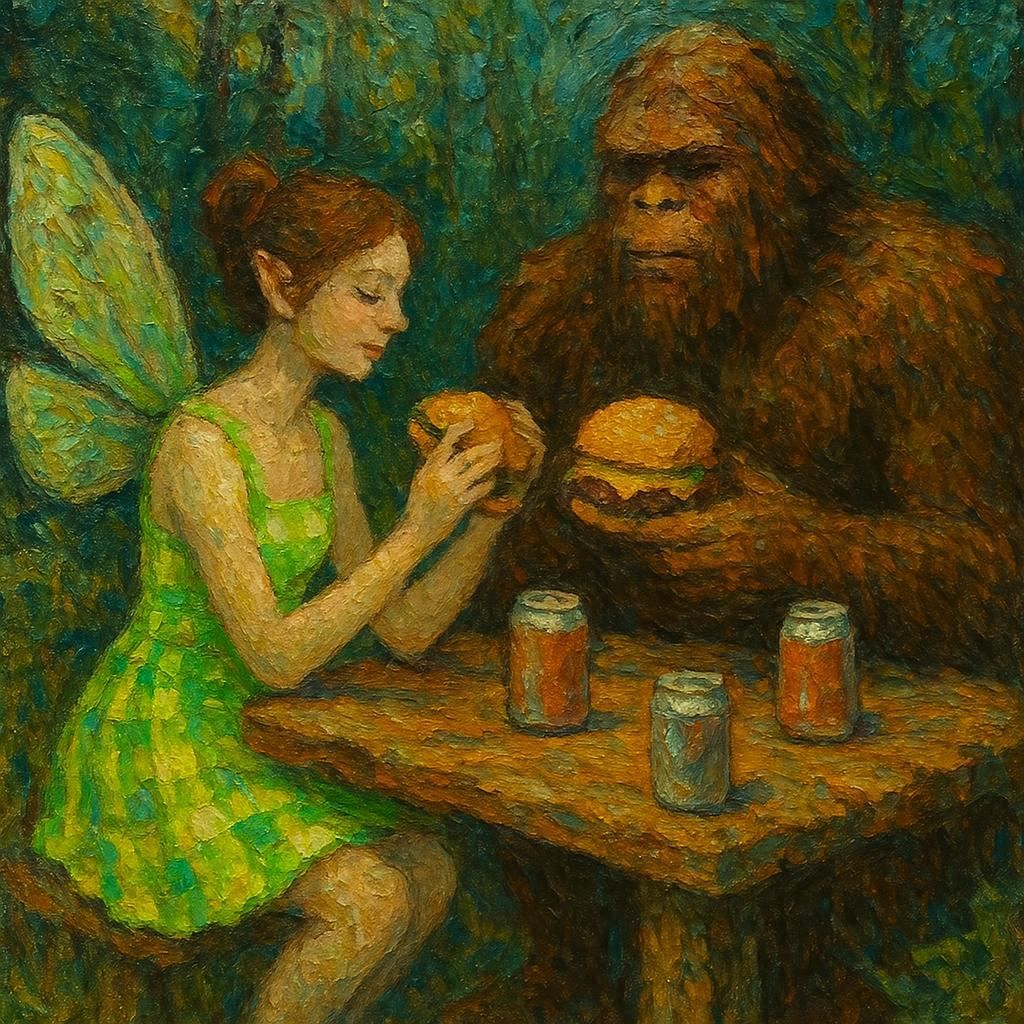 <lora:Sassy Flux:1.0> <lora:EncausticTextures:1.0> <lora:Fae:1.0> a fairy in a neon green checkered dress sits in the forest with sasquatch ...