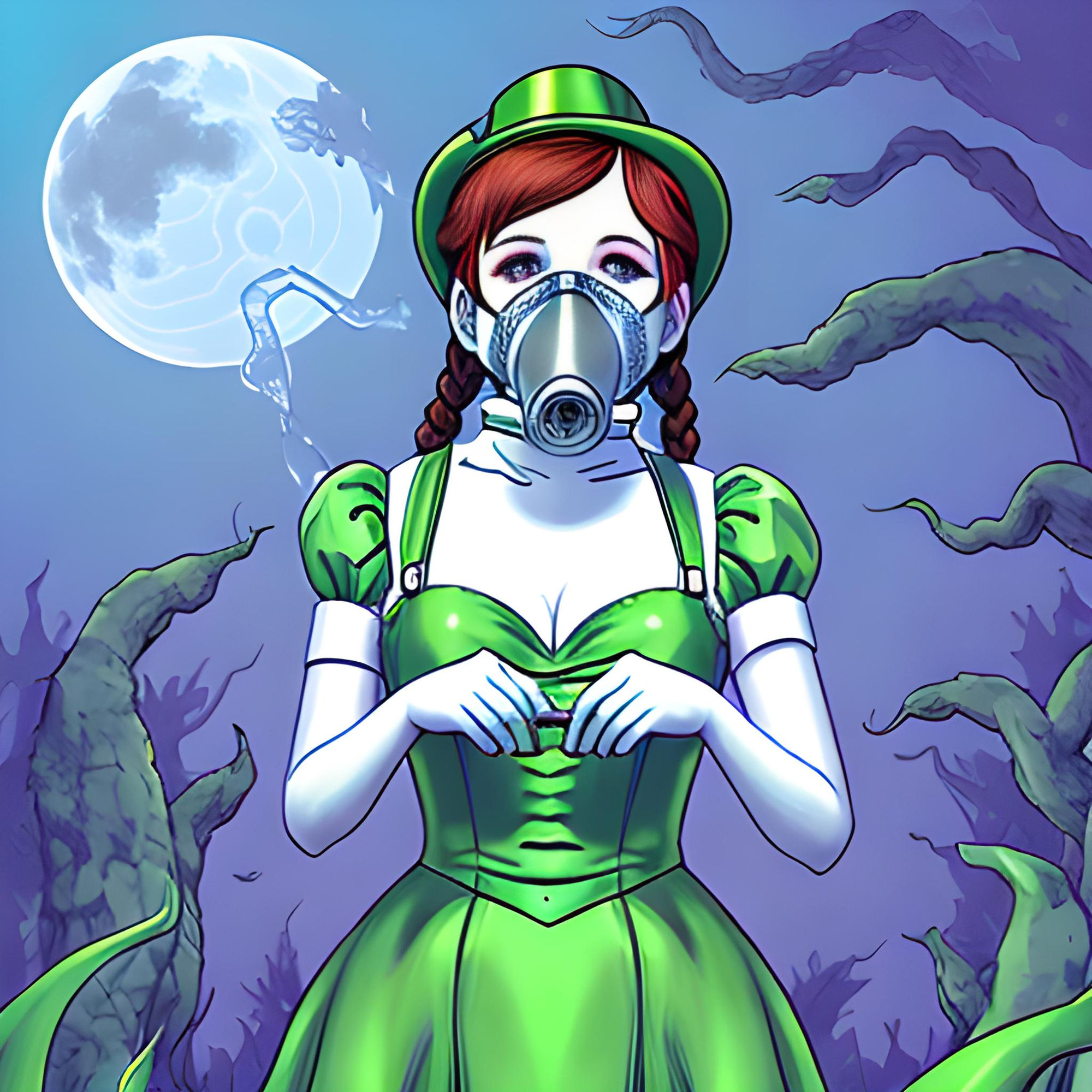 Dorothy wears a gas mask at the emerald castle, wizard of oz 