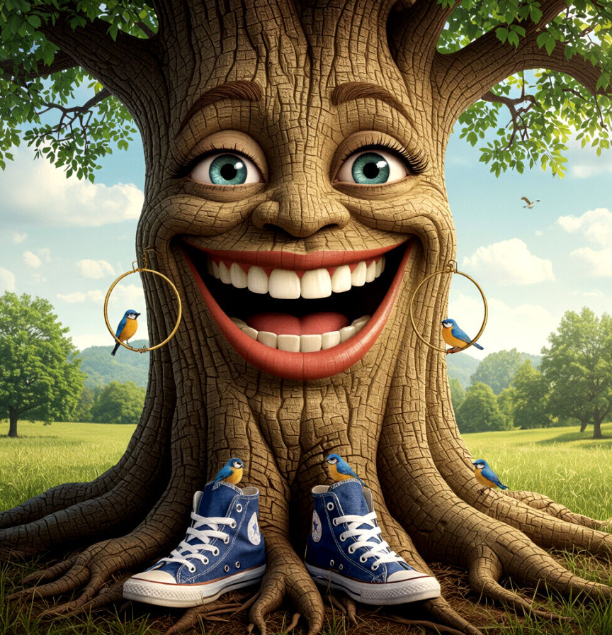 anamorphic smiling tree, with eyes, a big toothy smile, hoop earrings with small bluebirds perching on them, with high-top sneakers on the r...