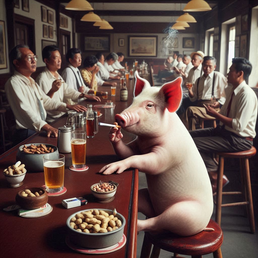 35mm photorealistic image of a pig smoking a cigarette, sitting at a bar.  